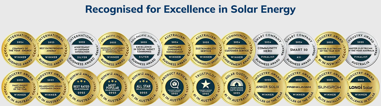 Res Inc Solar & Batteries — 2024 and 2025 national awards wall