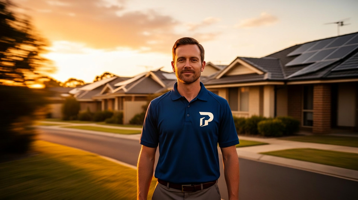 Door-to-door sales professional walking an Australian suburban street at sunset